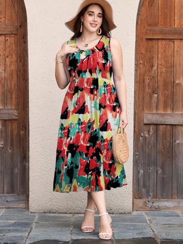Image of LARACE Women's Plus Size Sleeveless Maxi Dress Casual Crew Neck Pleated Flowy Long Dresses with Pockets L-6XL