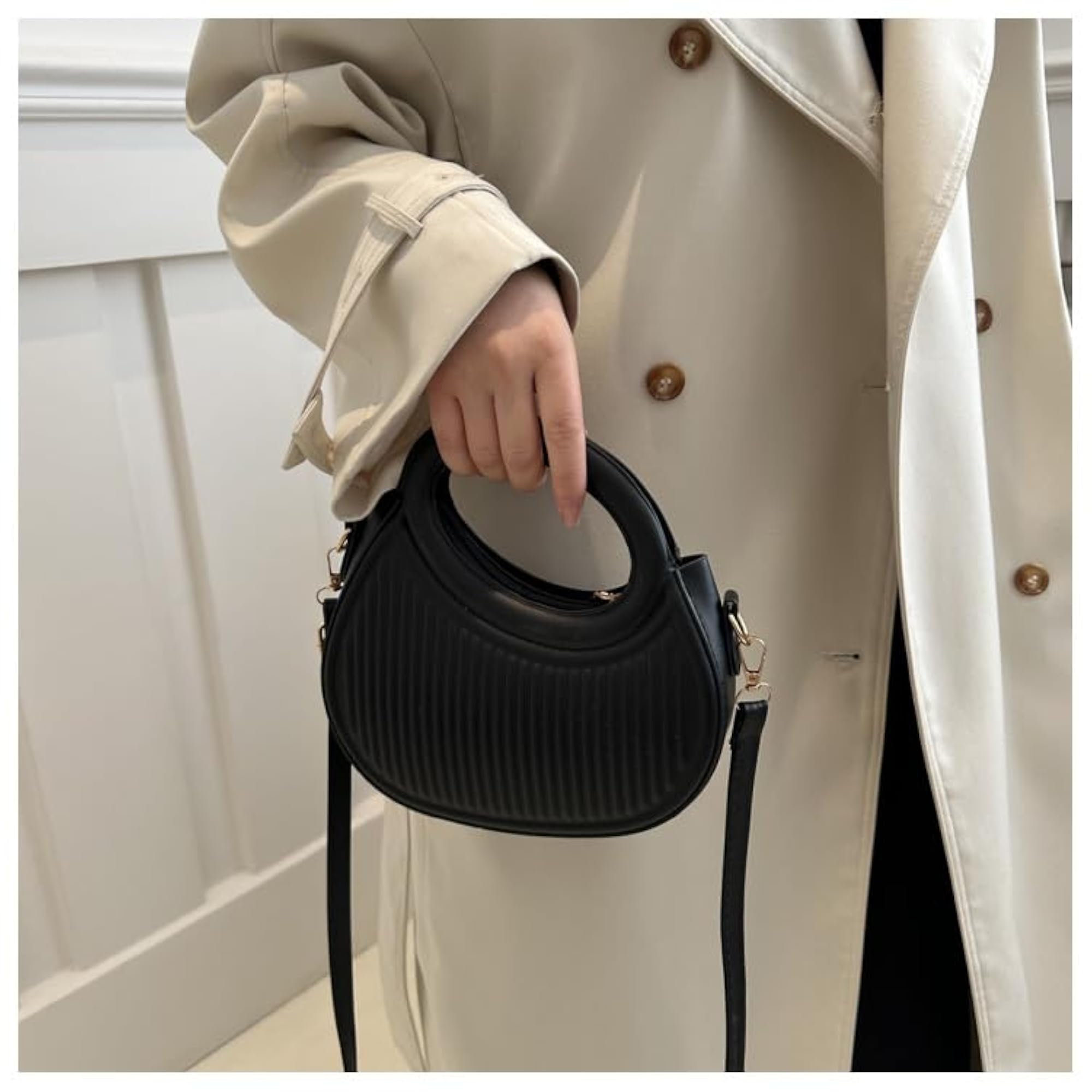 Women's Portable PU Zipper Soft Round Handle Wallet Bag, Black