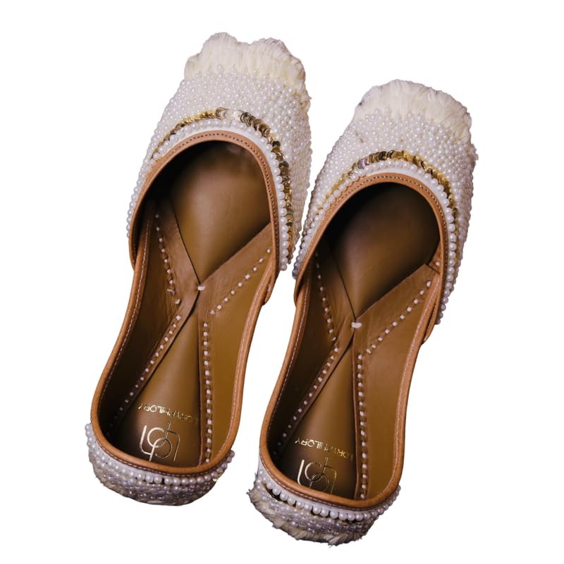 loryphilory Pearl White Punjabi Jutti for Women | Handcrafted Women's Flats with Elegant Beadwork, Traditional Ethnic Footwear for Weddings-picture-38
