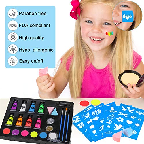 HOWAF Kinderschmink-schminkset, uv-bodypainting, bodypainting, blacklight, fluorescerende make-up met glitter, sjabloon, kwast, spons, tattoo voor kinderen, volwassenen, maskerade Halloween - Image 7