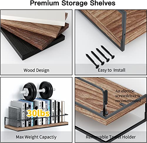 Image of Shario - Set of 2 Floating Shelves with Black Towel Bar Wall Hanging Decorative Storage Shelves for Bathroom, Kitchen, Living Room and Bedroom (Rustic Wood, Light Brown)