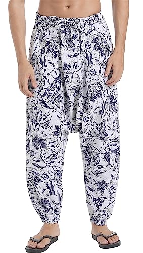 Clanmilums Mens Cotton Linen Harem Pants Elastic Waist Baggy Hippie Yoga Pants (Medium, White) #TOP1