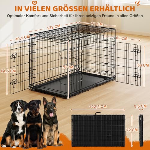 Yaheetech Hundekäfig 122 x 71 x 78 cm klappbar mit Trennwand, 2 Türen, Hundebox für zuhause mit ausziehbare Bodenschale, Transportkäfig Auto, Hundetransportbox Drahtkäfig für Hunde Welpe, XXL, Schwarz