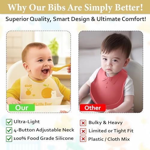 Image of GLUN Pack of 2 Soft Feeding Bibs with Bowl, Cute Oranges Print for Growing Champs, Easily Wipes Clean, Comfortable Soft Baby Bibs, Less Time Cleaning after Meals for Babies