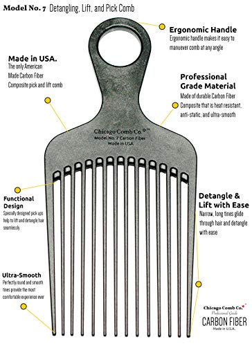 Chicago Comb No. 7 Carbon Fiber + Horween English Tan Leather Sheath, Made In Usa, Detangling, Pick & Lift Comb, Men & Women, Long, Curly & Thick Hair, Big Beards & Afros, Anti-Static, 6" (15 Cm) Long #TOP7