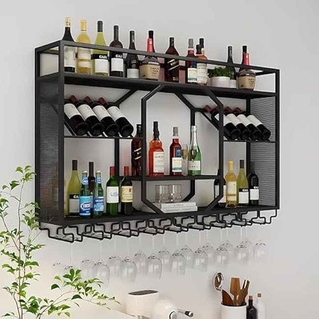 Wall Mounted Wine Rack, 3-Tiers Metal Bar Bottle Holder, Modern Wine Glass Storage Display Shelves, Wall Wine Rack for Kitchen Bar Dining Rooms Decoration ?(Black, 47.24in/120cm)