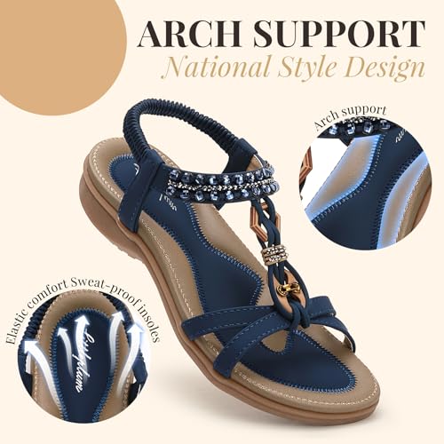 Image of Littleplum Womens Sandals Arch Support Slingback Rhinestone Dressy Sandals Comfort Summer Shoes Ankle Strap Elastic Flats for Beach Walking
