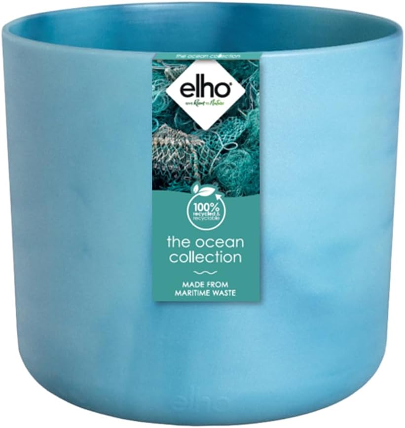 elho The Ocean Collection Round 18cm - Flower Pot Indoor - 100% Recycled - Made with Marine Waste - Blue/Atlantic Blue