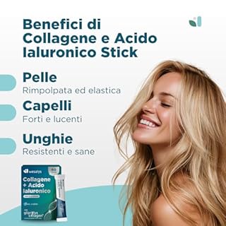 Collagene da Bere - Collagene e Acido ialuronico Integratore, 60 Stick con Gliprolys® Collagen liquido Idrolizzato Vegano per Pelle, Capelli, Articolazioni. Con Biotina e Vitamina C. Wesalys
