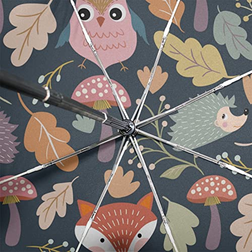 Sletend Automatic Umbrella Autumn Forest Jungle Animal Fox Owl Hedgehog One Touch Auto Open And Close Button Compact Travel Umbrella For Women Men Kid #TOP4
