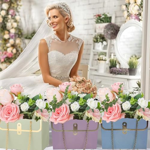 Wazoci 4pcs Paper Flower Bags for Bouquets, Flower Boxes for Arrangements, Paper Flower Gift Bags with Handles Florist Supplies for Weddings Mother's Day (Beige) — view 3