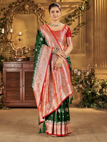 Image of Mehrang Women's Banarasi Silk Kanjivaram Saree For Wedding With Pure Zari Work, Woven Design, With Unstitched Blouse Piece