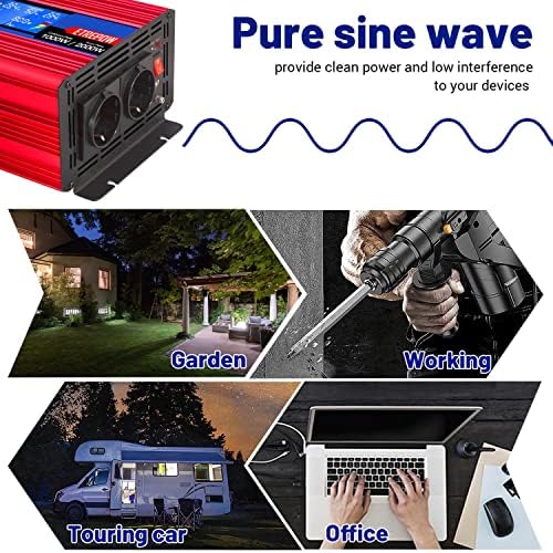 ETREPOW 1000W Przetwornica 12v 230v Czysty Sinus z 2 gniazdami EU i bezprzewodowym pilotem, ekranem LCD, Falownikiem Nadaje się do użytku na zewnątrz, w domu, na kempingu, w kamperze