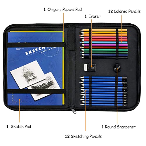 Lucycaz Drawing Kit - Art Supplies For Kids 9-12, Travel Drawing Set Includes Drawing Pad, Origami Paper, Sketch And Colored Pencils, Eraser And Sharpener. Sketch Kit For Kids, Teens And Adults #TOP2