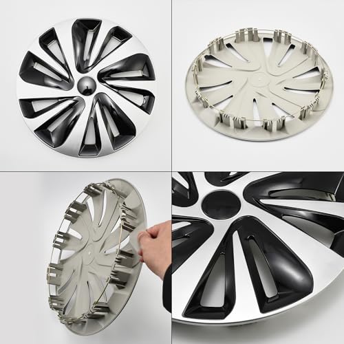 Image of Silver with Black Hubcap Wheel Cover Replacement Kit 16 inch Hub Caps Wheel Rim Cover Car Exterior Accessories Set of 4, 16 inches