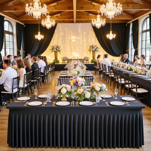 Image of Outpain Black Spandex Tablecloth for 8 Foot Rectangle Tables, 3 Pack Black Fitted Table Cloths 8ft Stretchy Banquet Table Clothes Cover Desk Skirt for Birthday Wedding Parties Baby Shower