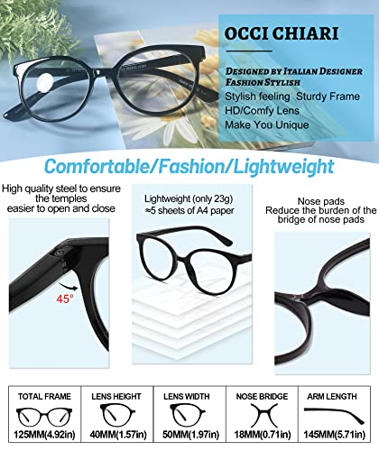 Image of OCCI CHIARI Photochromic Bifocal Reading Glasses Womens Round Blue Light Blocking Readers 1.0 1.5 2.0 2.5 3.0 3.5 4.0 (Black +150)