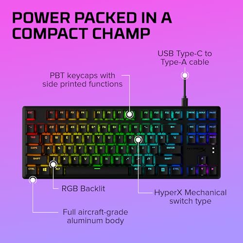 Image of HyperX Alloy Origins Core Pbt- Blue Mechanical Switch RGB Gaming Keyboard, Pbt Keycaps, Compact, Durable Aluminum Body, Adjustable Feet, Customizable Ngenuity Software (639N8Aa#Aba), USB-C