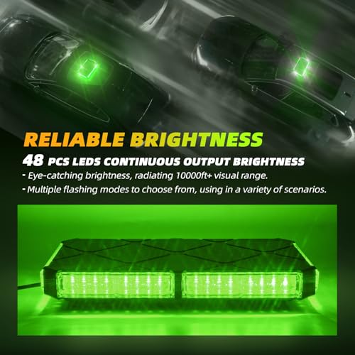 Image of 12 Inch Roof Top Beacon Strobe Lights w /Magnetic Base, Mini LED Warning Traffic Hazard Caution Light Bar for Halloween Work Trucks Vehicles (Green)