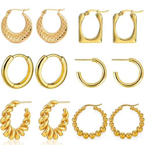 6 Pairs Gold Hoop Earrings for Women,14K Gold Plated Lightweight Chunky Hoop Earrings,Twisted Huggie Hoops Earring Set Hypoallergenic Jewelry for Gifts (B-Gold)