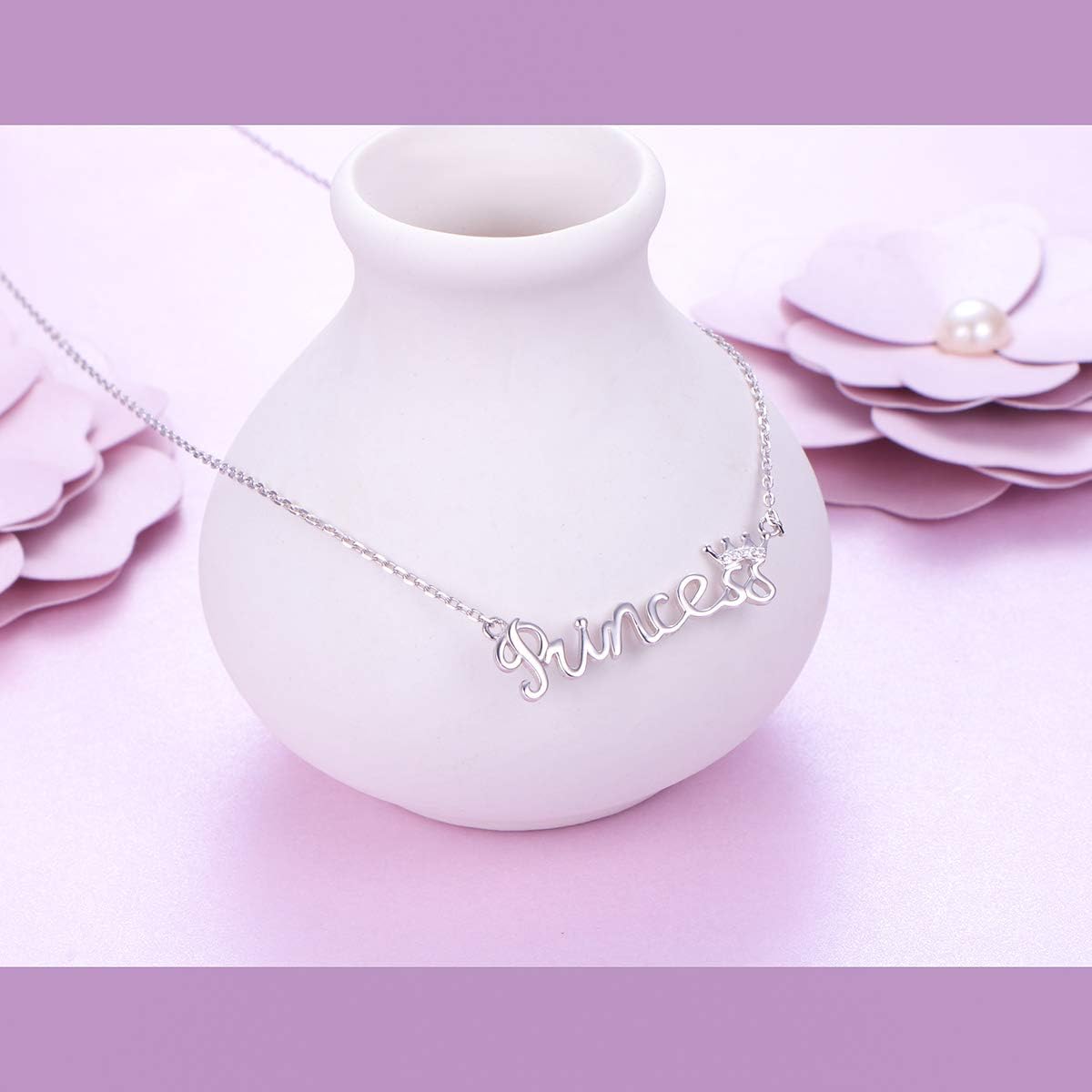 Flyow 925 Sterling Silver White Cz Crown Princess/Queen Pendant Word Charm Necklace for Girlfriend Wife Daughter Granddaughter, 18 Inch + 2 Inch