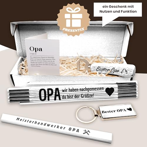 Opa Geschenkset - mit Flaschenöffner, Zollstock, Bleistift und Schlüsselanhänger | Geschenke für Väter/Großväter | Geburtstagsgeschenk für Männer | bester Opa Geschenke (Opa Weiß)