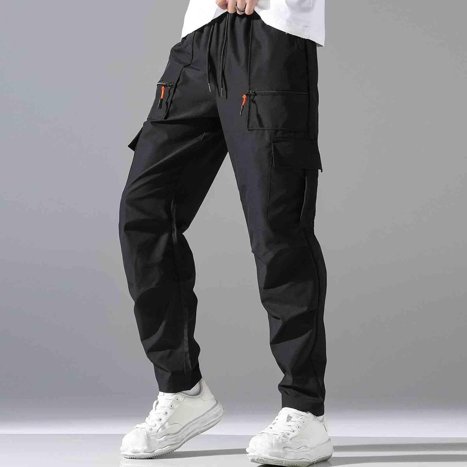 Mens Summer Cargo Pants Loose Tactical Sporty Trousers Elastic Waist Drawstring Casual Jogger Pants with Multi Pocket