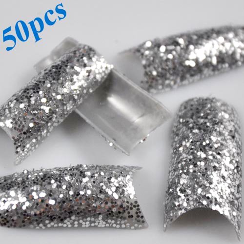 350BUY 50X French Nail tips Stunning Glitter Silver Sparkle Slice False Nail Art Tips