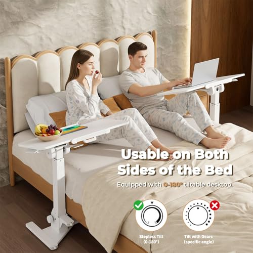 Image of JOY worker Foldable Overbed Bedside Table, 180 Tiltable Mobile Standing Desk with Wheels, 31.5 inch Pneumatic Height Adjustable Rolling Laptop Desk for Home & Hospital Use, Easy Storage, White