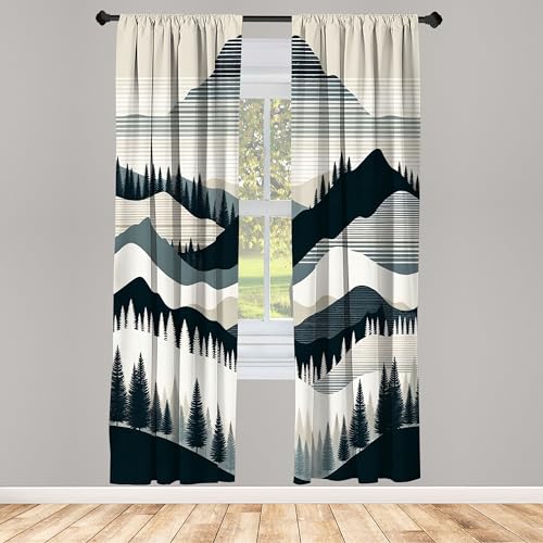 Ambesonne Striped Window Curtains, Mid Century Modern Boho Mountain Scenery with Woods and Line Details, Lightweight Decorative 2-Panel Set & Rod Pocket, Pair of - 28