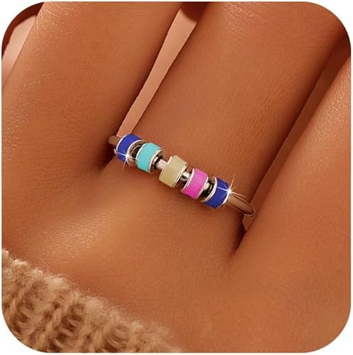 LOVECOM Anillo giratorio de plata de ley 925 con cuentas esmaltadas coloridas para mujer, anillo giratorio antiansiedad, giratorio, apilable,