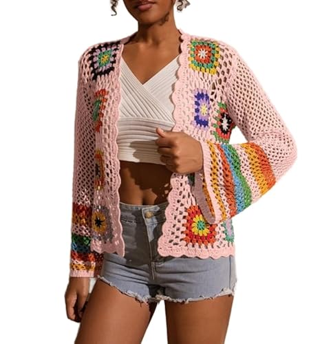 Crochet Cardigan with Floral Pattern, Boho Rainbow Striped Sleeves, Open Front Sweater, (US, Alpha, Large, Regular, Regular, Pink)