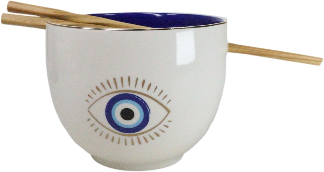 Ebros Gift Wicca Paranormal Mystic Evil Eye Of Providence With Golden Hues Porcelain Bowl With Bamboo Chopsticks Set Ramen Soup Rice Bowls Accent (White)