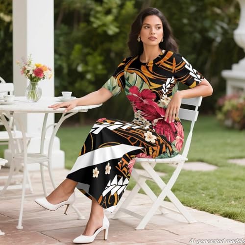 Image of Puletasi Polynesian Tribal Clothing Two Piece Skirt Set for Women Outfits Short Sleeve Top High Waist Midi Skirt