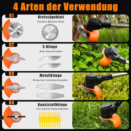 Xbzzgmg Rasentrimmer mit Akku, Akku Rasentrimmer mit 2 Akkus und 4 Messertypen Verstellbarer Freischneider, Teleskop Freischneider Akku mit Geringem Geräuschpegel für Höfe, Gärten und Gehwegkanten