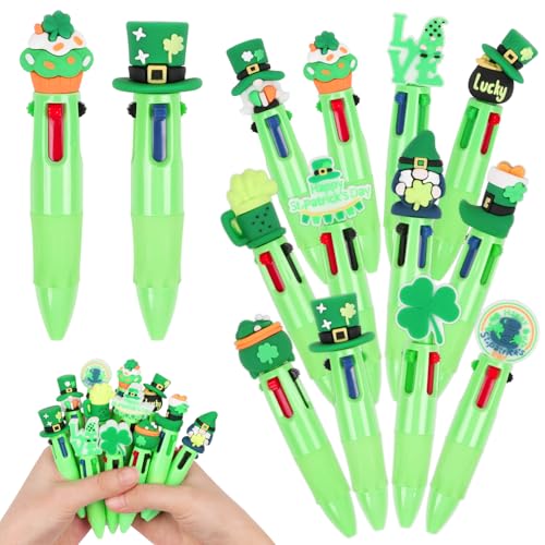 CCINEE 24pcs St Patricks Day Mini Multicolor Pens In One, Green Clover Ballpoint Pens Bulk Cartoon Retractable Party Favor Writing Pen for St Patricks Day School Office Gifts