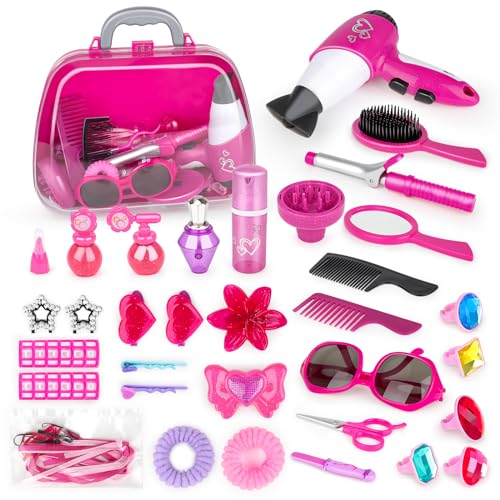 deAO 34 Pieces Hairdressing and Glamour Vanity Carry Case Play Set Makeup Accessories, Pretend Jewellery, Curling Iron and Toy Hairdryer Included, Pink