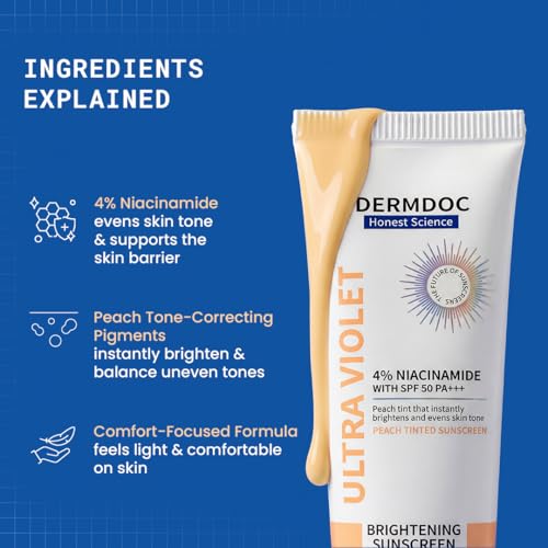 Image of DERMDOC SPF 50 Ultra Violet Brightening Tinted Sunscreen with 4% Niacinamide, 50 gm | PA +++ | With Peach Tint | Lightweight | UVA & UVB Protection | For Medium To Dusky Skin | Improves Skin Texture | Breathable & Weightless Finish | 4% Niacinamide, PA +++, Peach Tint, UVA & UVB Protection, Medium To Dusky Skin