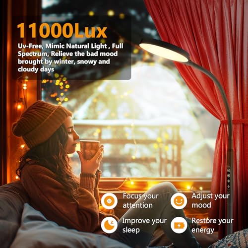 Light Therapy Lamp - 11,000 Lux UV-Free Sunlight Lamp, 5 Color Temps & 10 Brightness, 360° Gooseneck Floor/Desk Therapy Lamp for Home Office, Bedroom & Reading (Black) - Image 3