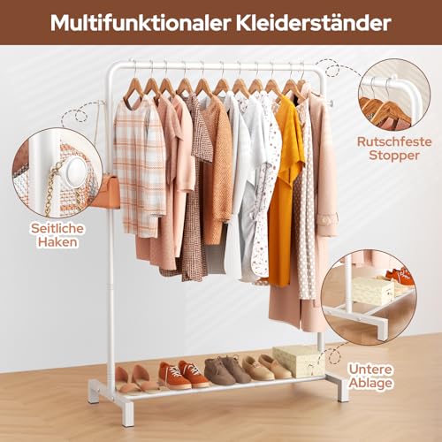 ZHKINGGS Kleiderstange für Schlafzimmer: tragbare Kleiderstange mit unterer Schuhregal und Haken, freistehender Kleiderständer für Schrank, Wäsche, Geschäft (Modern, Weiß)