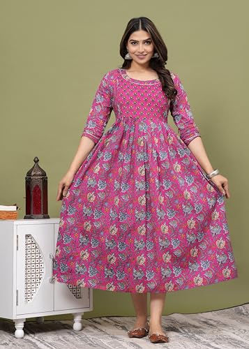 Image of Women's Feeding Kurta Cotton | Floral Anarkali Pregnancy Kurta with Nursing Zipper | Pre & Post Partum | Maternity Dresses | Mom to Be Gift