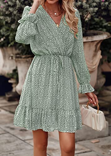 Image of KIRUNDO Women Casual Summer Fall Dresses Long Sleeve Floral Wrap V Neck High Waist Ruffle Tiered A Line Flowy Mini Dress