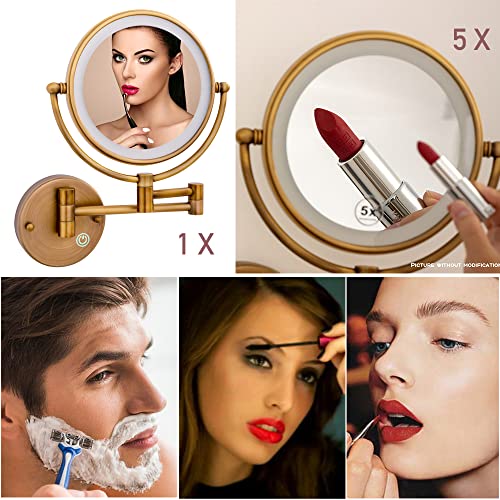 Reckodor Brass Wall Mounted Makeup Mirror With Lights And Magnification, Rechargeable Lighted Magnifying Mirror Wall Mount, 1/5X Extendable Mirror For Bathroom, Brushed Antique Brass Indoor Arts Ware #TOP2