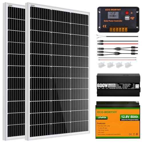 Image of ECO-WORTHY 200 Watt 12V Complete Solar Panel Starter Kit for RV Off Grid with Battery and Inverter: 200W Solar Panels+30A Charge Controller+50Ah Lithium Battery+600W Solar Power Inverter