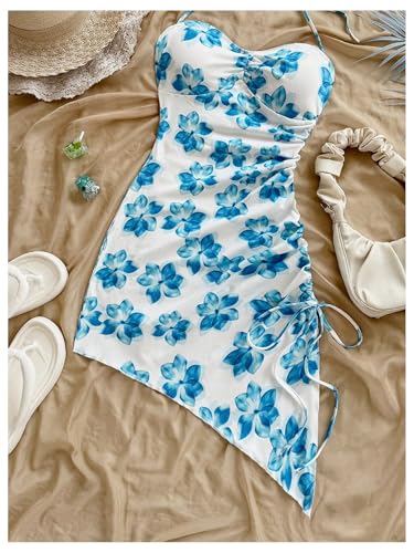 Image of Floerns Women's Floral Print Halter Dress Sleeveless Drawstring Asymmetrical Hem Bodycon Dress