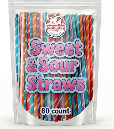 Sweet and Sour Candy Powder Filled Straws - 80 Count of Assorted Orange Cherry Grape Tropical Punch Individually Wrapped, Bulk Kids Candy, Party Favor Treats