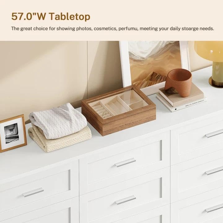 Image of TEENFON 57.1 inchW White Dresser for Bedroom, Modern 9 Drawer Dresser with Metal Handles, Wood Dressers & Chest of Drawers, Wooden Closet Clothes Storage Organizer for Bedroom, Living Room, Hallway, White
