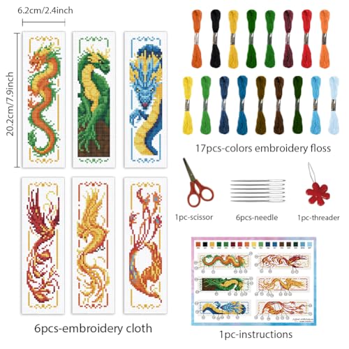 Image of INFUNLY 6PCS Dragon Cross Stitch Bookmark Kit for Adults Phoenix Cross Stitch Kits DIY Crossstitch Kits Chinese Traditional Stamped Embroidery Bookmark Kit with Instructions for Book Lovers Readers