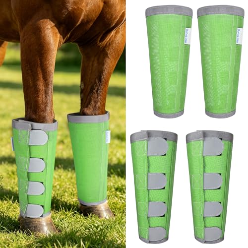 Image of Reflective Horse Fly Boots Set of 4, Breathable Adjustable Equine Fly Leg Wraps for Horses, Universal Fit Loose Fitting Leggings with Stay Put Design (Green)