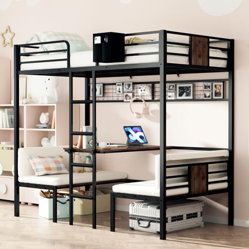 Mixcous Twin Over Twin Bunk Bed, Convertible Twin Bunk Bed w/Desk & Storage & 2 Seat, Heavy Duty Metal Twin Loft Bed Frame with Safety Guardrails & EVA Padded Ladder for Teens(Cushion not Included)